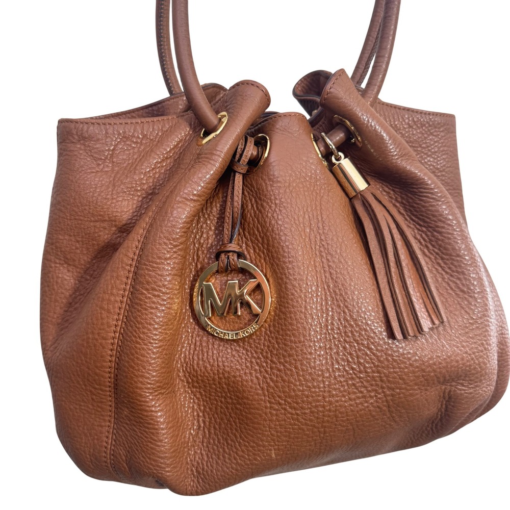 Michael Kors Brown Pebbled Leather Tassel Shoulder Bag Gold MK Charm Hobo - Picture 2 of 15